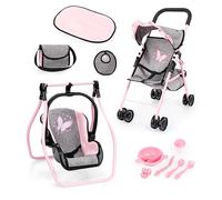 Bayer Design Ensemble Poussette Canne de poupée avec Sac, Berceau | roues doubles, panier intégré, pliable, matelas à langer, gobelet, bavoir, accessoires pour de nombreux jeux de rôle