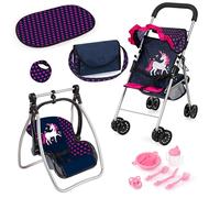 Bayer Design Ensemble Poussette Canne de poupée avec Sac, Berceau | roues doubles, panier intégré, pliable, matelas à langer, gobelet, bavoir, accessoires pour de nombreux jeux de rôle