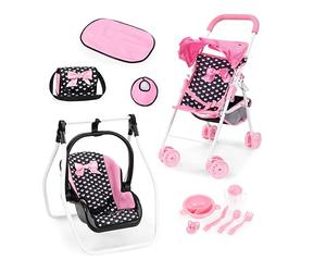 Bayer Design Ensemble Poussette Canne de poupée avec Sac, Berceau | roues doubles, panier intégré, pliable, matelas à langer, gobelet, bavoir, accessoires pour de nombreux jeux de rôle