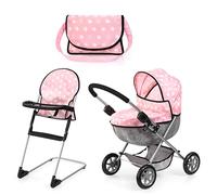 Bayer Design Ensemble Poussette pour poupée avec Chaise Haute et Sac | Landau pour poupées avec poignée souple, grandes roues, sac, panier intégré et chaise haute pour les jeux de rôle
