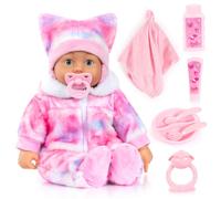 Bayer Design Poupée Interactive 46 cm, parlante, avec Accessoires | poupon Bambolina, 24 sons de bébé, yeux qui se ferment, corps souple, avec hochet, assiette, couverts, biberons, doudou
