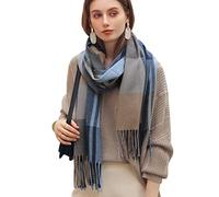 Baynetin Écharpe d'hiver pour Femme, Écharpe de Couverture Chaude à Carreaux pour l'hiver, Chaudes Réversibles Gland Plaid Couverture Laine Tartan Écharpe Châle (Gris Bleu)