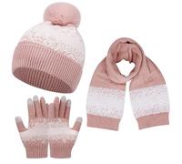Baynetin Jeu de Gants D'écharpe de Bonnet d'hiver pour Les Femmes Hommes Couples - Chaud Tricot Flocon de Neige Pom Chapeau, Snood/écharpe Longue, Gants à écran Tactile 3 Pièces (Z_Rosa)