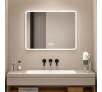 Bayt Miroir Mural LED Salle de Bain Antibuée, 3 Modes, 58 x 46 cm, Blanc | Interrupteur tactile, intensité réglable, éclairage périphérique, montage mural, 3,2 kg, coiffeuse, dressing, WC