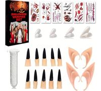 Bayuyi Kit de Déguisement Vampire Halloween, 8 Dents Vampire avec Adhésif, 2 Paires Oreilles d'Elfe, 10 Faux Ongles, 6 Tatouages Temporaires