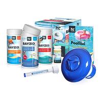 Bayzid® Kit de Démarrage pour Piscine - 7 Pièces pour l'Entretien de l'eau - Granulés de Chlore, Correcteur de pH, Pastilles Multi-Usages, Thermomètre, Pompe Doseuse, Bandelettes et Guide