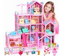 BAZADER Maison de Poupées pour Filles, 4 Étages10 Pièces, 280 Accessoires | Coffret Maison de Poupées Princesse, Maison de Jeu Avec Toboggan, Animaux, Véhicules et Mobilier pour Enfants dès 3 Ans