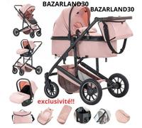 BAZARLAND30.Poussette 3 en 1 Avec Siège Auto Portable Ressorts Absorbant les Chocs Châssis en Alliage D'aluminium.ROSE