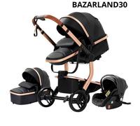 BAZARLAND30 Poussette 3 en 1 Bébé Combinée Siège-Auto Nacelle Trio Réversible cuir pu Roues increvables Canne noir