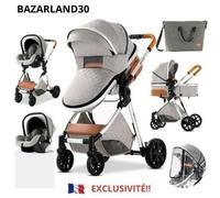 BAZARLAND30.Poussette 3 en 1 Bébé Combinée Siège-Auto Nacelle Trio Réversible Haute Qualité Roues increvables Canne light grey