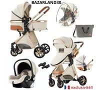 BAZARLAND30.Poussette 3 en 1 Bébé Combinée Siège-Auto Nacelle Trio Réversible Haute Qualité Roues increvables Canne.blanc cassé