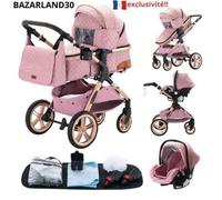 BAZARLAND30 Poussette 3 en 1 Bébé Combinée Siège-Auto Nacelle Trio Réversible Haute Qualité Roues increvables Canne.rose