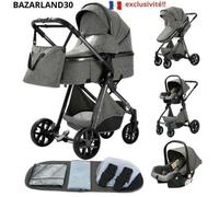 BAZARLAND30.Poussette 3 en 1 Bébé Combinée Siège-Auto Nacelle Trio Réversible Réglable Haute Qualité Roue increvable Canne.dark