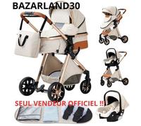 BAZARLAND30 Poussette 3 en 1 Bébé Combinée Siège-Auto Nacelle Trio Réversible Réglable Haute Qualité Roues increvables. blanc cassé
