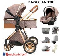 BAZARLAND30 Poussette 3 en 1 Bébé Combinée Siège-Auto Nacelle Trio Réversible Réglable Haute Qualité Roues increvables.khaki