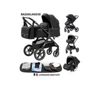 BAZARLAND30.Poussette 3 en 1 Bébé Combinée Siège-Auto Nacelle Trio Réversible Réglable Haute Qualité Roues increvables Canne.NOIR