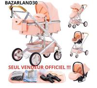 BAZARLAND30.Poussette 3 en 1 Bébé Combinée Siège-Auto Nacelle Trio Réversible Réglable Haute Qualité Roues increvables Canne. ROSE