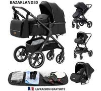 BAZARLAND30.Poussette 3 en 1 Bébé Combinée Siège-Auto Nacelle Trio Réversible Réglable Haute Qualité Roues increvables Canne.noir