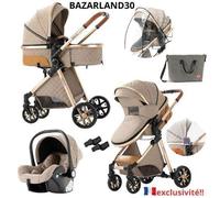 BAZARLAND30.Poussette 3 en 1 Bébé Combinée Siège-Auto Nacelle Trio Réversible Réglable Haute Qualité Roues increvables Canne khaki.