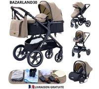 BAZARLAND30.Poussette 3 en 1 Bébé Combinée Siège-Auto Nacelle Trio Réversible Réglable Haute Qualité Roues increvables Canne.marron