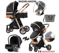 BAZARLAND30.Poussette 3 en 1 Bébé Combinée Siège-Auto Nacelle Trio Réversible Réglable Haute Qualité Roues increvables Canne.noir