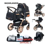 BAZARLAND30.Poussette 3 en 1 Bébé Combinée Siège-Auto Nacelle Trio Réversible Réglable Haute Qualité Roues increvables Canne. NOIR