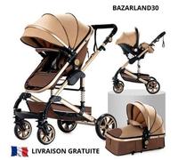 BAZARLAND30.Poussette 3 en 1 Bébé Combinée Siège-Auto Nacelle Trio Réversible Réglable Haute Qualité Roues increvables Canne khaki