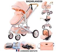 BAZARLAND30.Poussette 3 en 1 Bébé Combinée Siège-Auto Nacelle Trio Réversible Réglable Haute Qualité Roues increvables Canne - rose