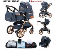 BAZARLAND30.Poussette 3 en 1 Bébé Combinée Siège-Auto Nacelle Trio Réversible Réglable Haute Qualité Roue increvable Canne.bleu
