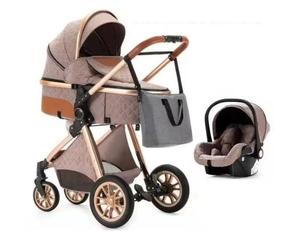 BAZARLAND30.Poussette 3 en 1 Bébé Combinée Siège-Auto Nacelle Trio Réversible Réglable Haute Qualité Roues increvables Canne khaki.