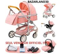 BAZARLAND30.Poussette Combinée 3 en 1 Siège-Auto Nacelle Trio Réversible Réglable Haute Qualité Roues increvables. ROSE