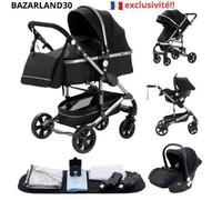 BAZARLAND30.Poussette Combinée 3 en 1 Siège-Auto Nacelle Trio Réversible Réglable Haute Qualité Roues increvables.noir