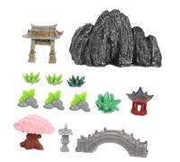 BAZEITFLOW 13 Pièces Mini Resin Landscape Statue Set Miniature Chinese Style Bridge Pavilion Rockery for DIY Garden Decor Indoor Micro Ornaments