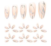 BAZEITFLOW 24pièces Ongles Artificiels à Coller avec Motif Flamme Argentée Compatibles Rivets et Dotés une Colle Couvrante pour Manucure Féminine