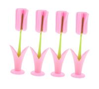 BAZEITFLOW 4 Pièces Brosses Éponge à Bouteille Rose Manche Long Tête Fleur pour Nettoyage Complet Bouteilles Réutilisables Bols Animaux Verres Assiettes Outil Polyvalent pour Maison et Voyage