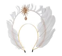 BAZEITFLOW Bandeau Saint Vierge Doré avec Ailes D'ange Blanches, Tiare Solaire avec Plumage, Accessoire de Costume Déesse pour Halloween et Défilés, Serrage-tête Renaissance Élégant