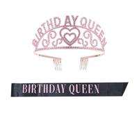 BAZEITFLOW Ensemble Fête 2 Pièces Bandeau Couronne Orné de Strass Écharpe Satin Rose Taille Unique pour Anniversaire Décoratif Accessoire Cheveux Princesse Présent Fête Élégante