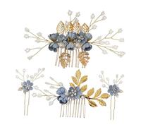 BAZEITFLOW Épingles Cheveux Mariage Fleuries avec Perles et Lot Bleu Peignes Latéraux pour Coiffure Mariée et Accessoires de Fête