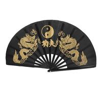 BAZEITFLOW Éventail Pliant Tai Chi 36 Cm en Bambou Noir, Éventail Chinois Vintage à Double Dragon Doré, Accessoire Pliable pour Danse, Spectacle et Décoration Murale