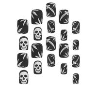 BAZEITFLOW Lot de 24 Faux Ongles Courts à Coller Motif Tête de Mort Noire Capsules D’Ongles en Plastique à Couverture Complète Design Squelette Gothique Manucure Halloween pour Fêtes et