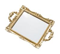 BAZEITFLOW Plateau Miroir Décoratif Doré en Résine Sculptée, Plateau de Rangement Vintage Nordique pour Mariage et Maquillage, 1 Pièce, Style Baroque pour Table de Desserts et Chambre