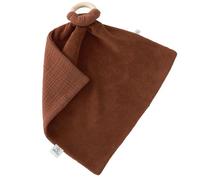 BB&Co Doudou avec Anneau Dentition Toffee - Double Gaze de Coton & éponge Bambou Ultra Douce - Anneau Bois Naturel Amovible - Apaise & réconforte bébé - Format 35x35 cm