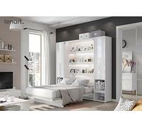 BB Loisir Lit Armoire escamotable +2 Placards tiroir Vertical 180x200 cm Blanc Brillant tiroir Lit Mural Consus
