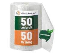 BB-Verpackungen 2 x films à bulles d'air de 0,5 x 50 m (véritable film à bulles de 60 my, film d’emballage, emballage alvéolaire de protection des objets délicats, recyclable) - Sets de 1 à 9 rouleaux