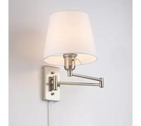 BBARCELONA LED Applique Murale CLARK avec Bras Articulé et Prise, Lampe Murale E27 Chrome avec Abat-jour en Tissu Blanc, Lampe de Lecture Réglable pour Chambre, Tête de Lit et Salon
