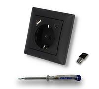 BBblack Prise Schuko avec USB A + USB C + Adaptateur USBC vers USB A, Noir mat, PD Standard A&C : 5 V-3,0 A / 9 V-2 A / 12 V-1,5 A / 18 V-1 A, max. 18 W / 16 A + testeur de phase EBROM pour montage