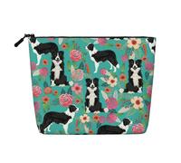 BBEXJIGY Border Collie Trousse de maquillage simple couche imitation lin avec imprimé floral élégant et pratique pour cosmétiques, noir, One Size