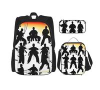 BBEXJIGY Ensemble sac à dos Oxford imperméable 3 en 1 Silhouettes de Martial avec sac à déjeuner, trousse à crayons et usage quotidien, noir, One Size