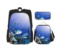 BBEXJIGY Sac à dos Oxford imperméable 3 en 1 avec motif requin nageant sous la mer, sac à déjeuner, trousse à crayons et usage quotidien, noir, One Size