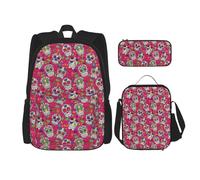 BBEXJIGY Sac à dos Oxford imperméable 3 en 1 avec motif tête de mort et feuilles vertes, sac à déjeuner, trousse à crayons et usage quotidien, noir, One Size